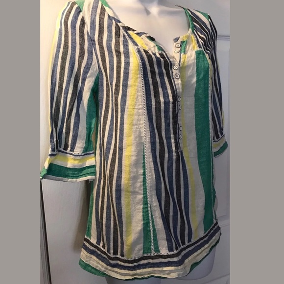Anthro MERMAID Striped Linen Blouse Popover Peasant Top Shirt Blue Green Yellow - Picture 3 of 7